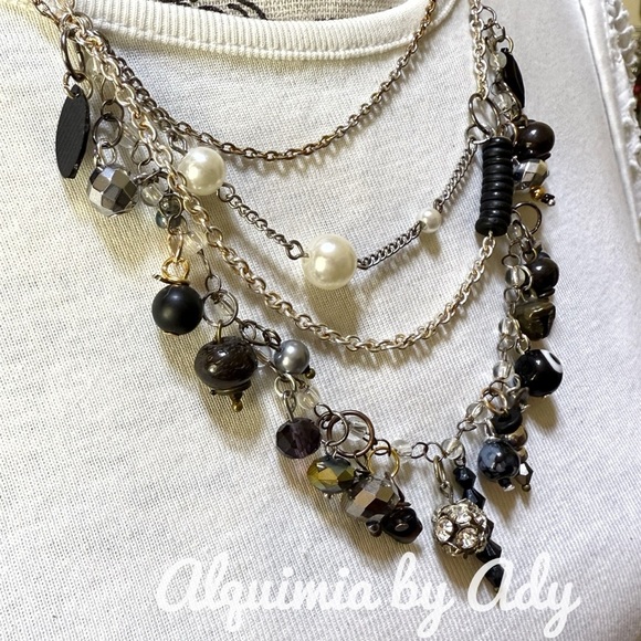 SILVER AND BLACK STONES MULTI CHARMS LAYERD NECKLACE - Picture 2 of 7